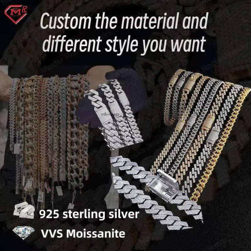 Custom 15mm 18mm Miami Hip Hop Iced Out Sterling Sier VVS Moissanite Cuban Link Chain