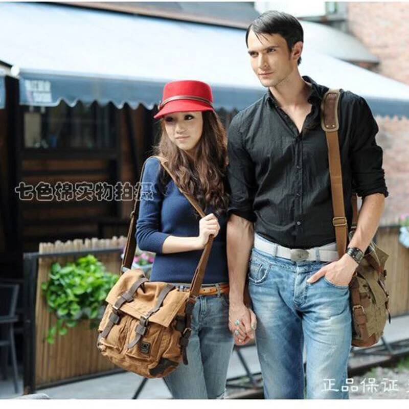2025 Fashion Vintage Leather Women's Men's Messenger Cotton Canvas Crossbody Men Shoulder Sling Casual Bag