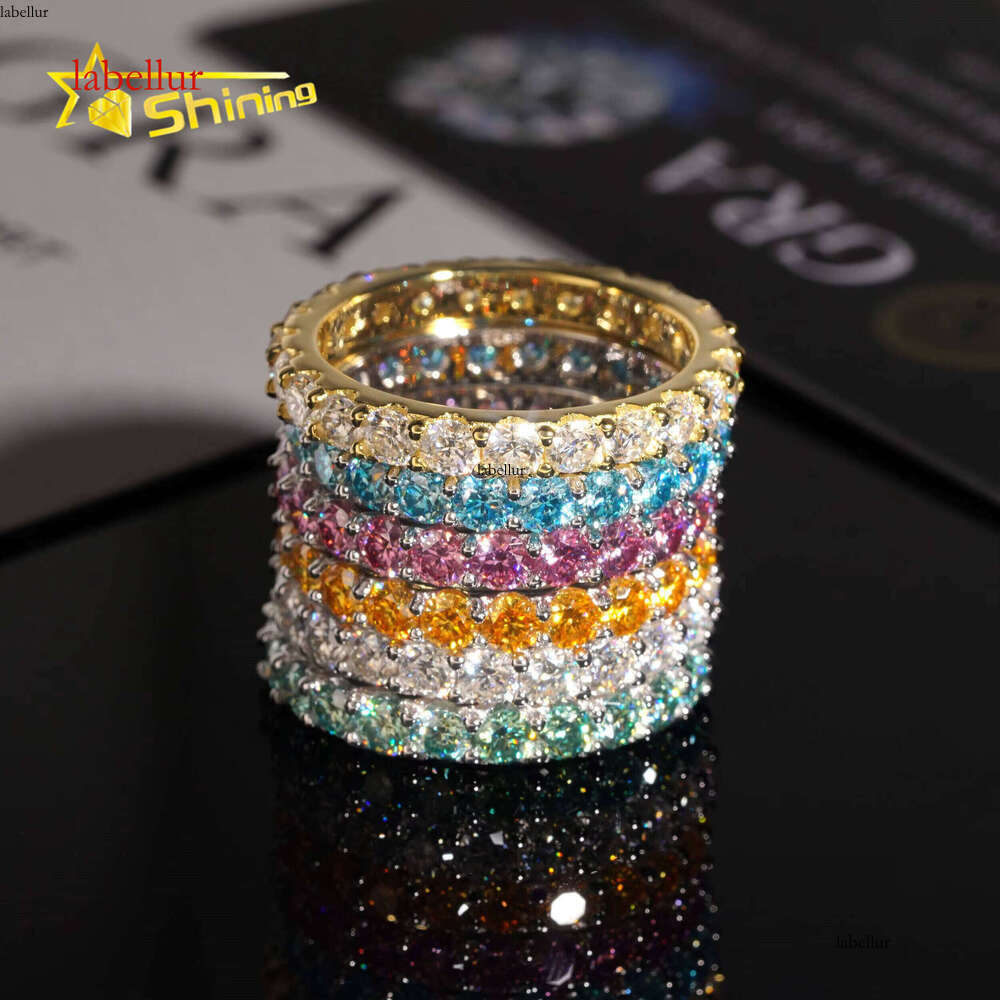 Pass Dia Tester Fine Jewelry Eternity Hip Hop Rings Solid Sterling Sier 3.0mm Colored Moissanite Band Ring