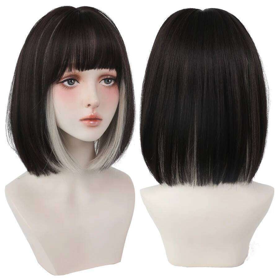 7JHH WIGS Short Bob with Bangs Highlight Siery Black Wig for Women Daily Cosplay Party Synthetic Hair Wigs Heat Resistant