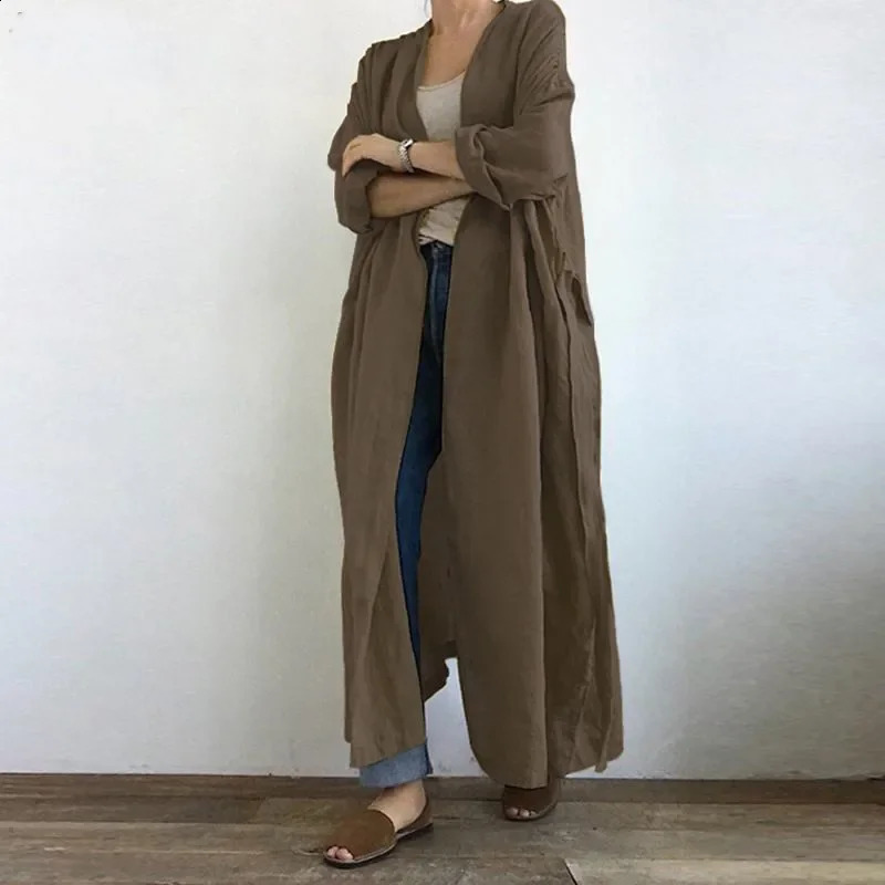 Ankle Length Trench Long Sleeve V Neck Open Stitch Outerwear Solid Loose Fit Cardigan Jackets Sashes Basics Pockets 250809