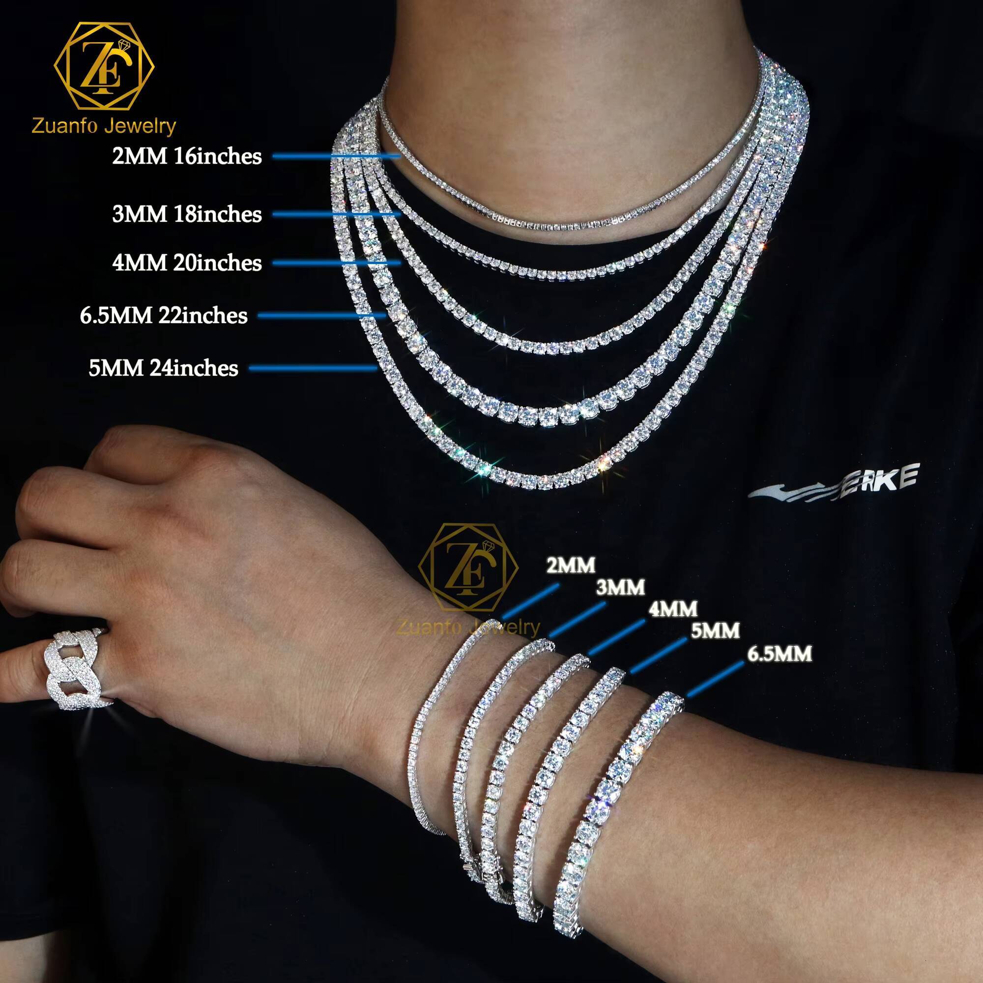 2mm-6.5mm 925 Silver Tennis Chain Link Chain Moissanites Bracelet Necklace with Round Diamond Shape Moissanite