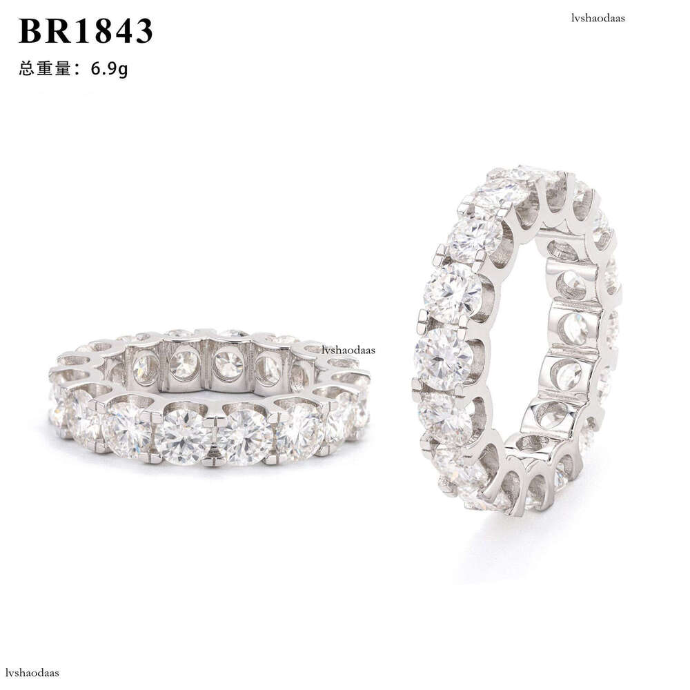Hip Hop Silver Inlaid 5.0MM Round Moissanite Row Unisex Fashion Full Diamond Ring Band