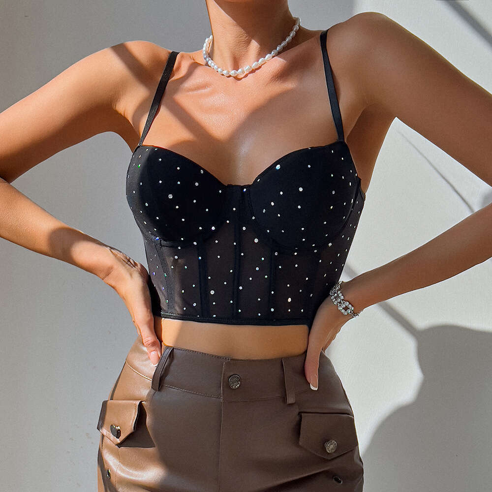 Sexy Nightclub Style Sequin Fishbone Underwire Push-Up See-Through Crop Top with Removable Chest Pads