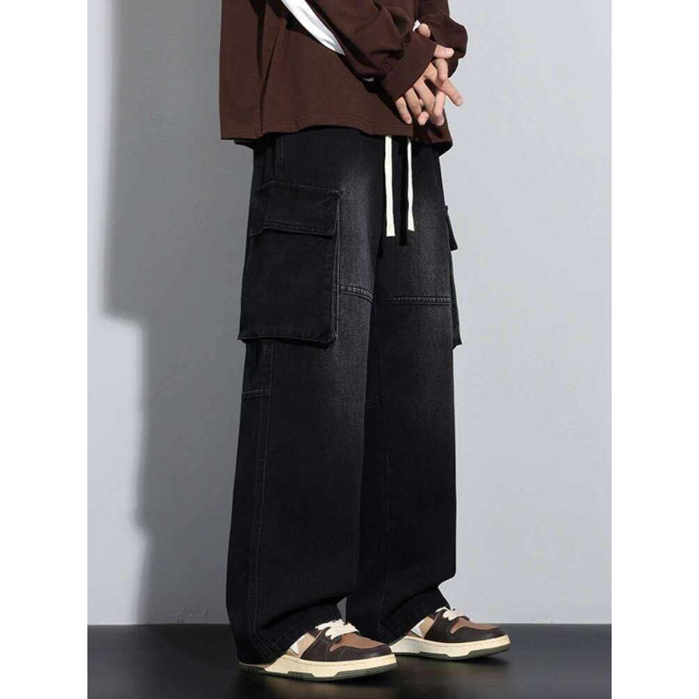 New Men's Baggy Straight Cargo Jeans Elastic Waist Vintage Blue Black Smoky gray Denim Pants Fashion High Street Male Trousers