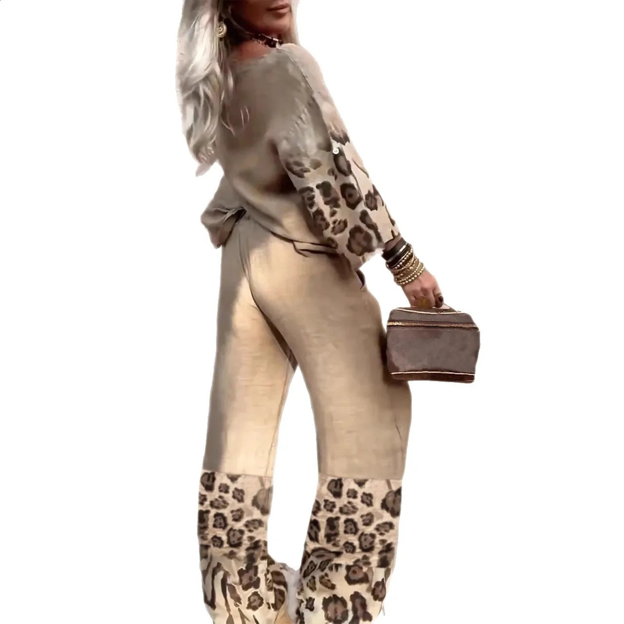 Fashion Vintage Leopard Print Two Piece Set Women Loose Seven-quarter Sleeve Tops Wide Legs Trousers 2 Piece Sets Spring Autumn 250808