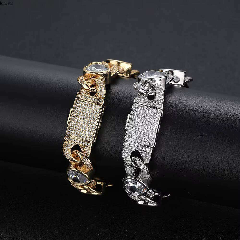 NUOYA Women's White Gold Plated Link Shiny Iced Out Zircon Heart Dia Cuban Chain Bracelet Hip Hop Jewelry