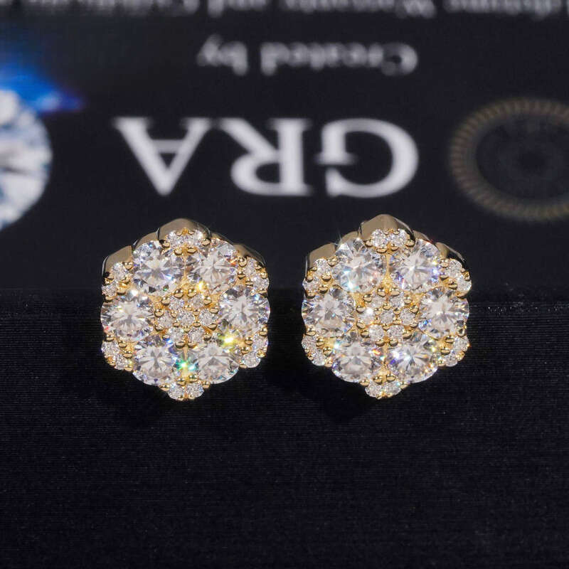 Fine Jewelry Flower Design Screw Back Ear Studs Iced Out Sterling Sier Gold Plated Moissanite Stud Earrings Ready To Ship