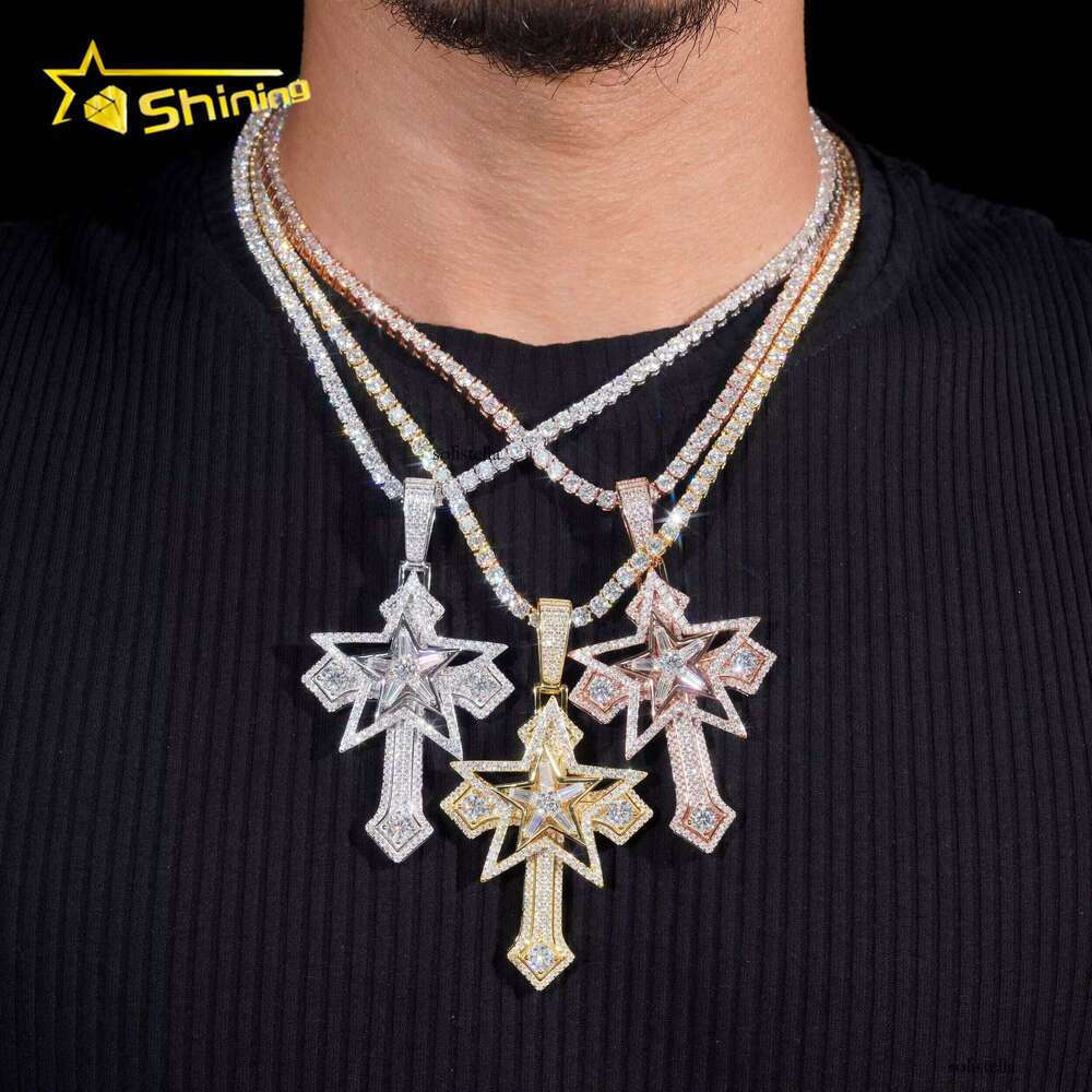 Ready to Ship Star Design Iced Out Cross Solid Sier with Moissanite Dia Hip Hop Pendant
