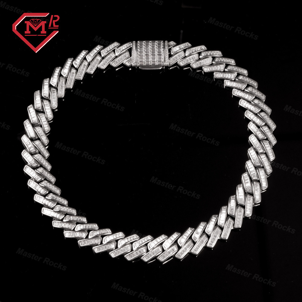 VVS Iced Out Moissanite 15mm Cuban Link Chain Hip Hop 925 Silver Baguette Moissanite Cuban Chain for Men