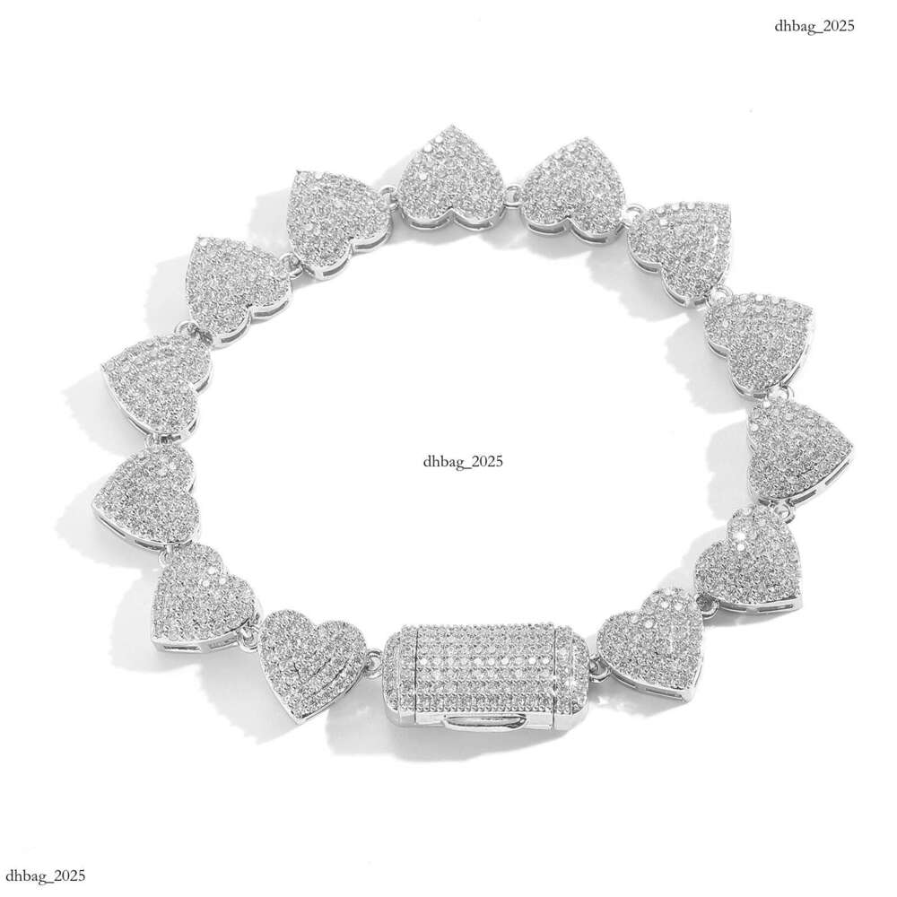 10mm Bracelet Micro Paved Zircon Personality Trendy Heart Shape Unisex Couple Hip Hop Jewelry