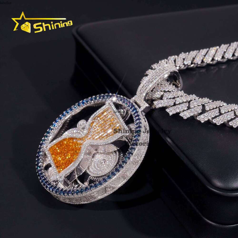Unique Piece Charms Jewelry Custom Moissanite Hour Glass 3 Inches Spinning Iced Out Full Colored Dias Pendant