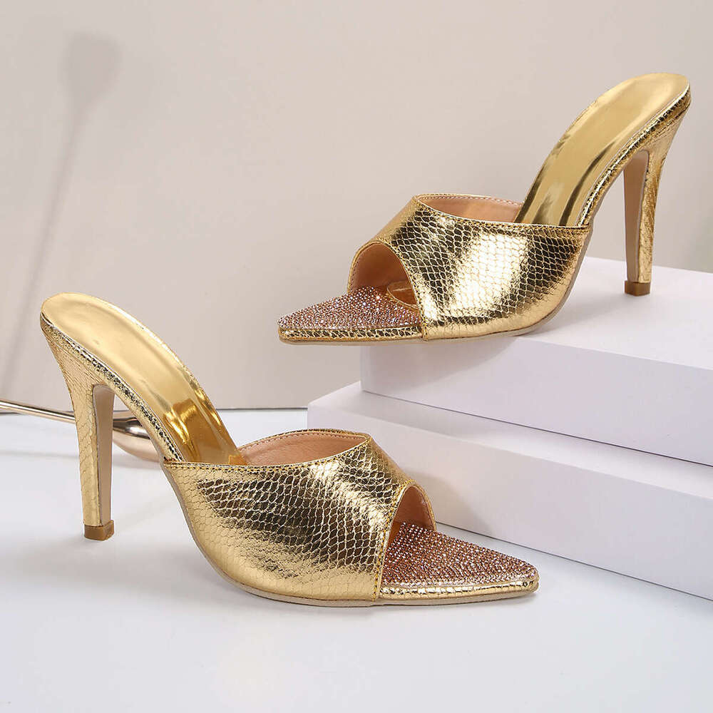 36-42 Plus Size 2025 New Gold Designer shoes Rhinestone Fashion Pointed High Heel Sandals Slippers for Women