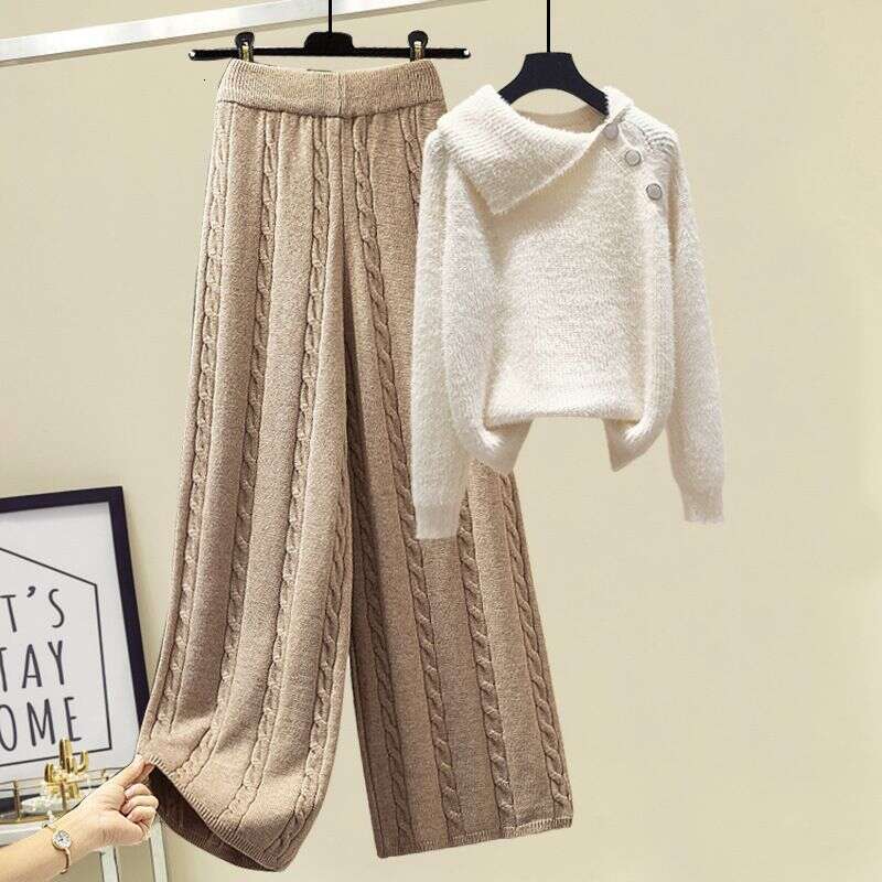 Women's Clothing Autumn And Winter Three Piece Suit Designer Sweater, Thickened Slim Vest Coat, High Waist, Cable Pattern, Wide Leg Casual Pants