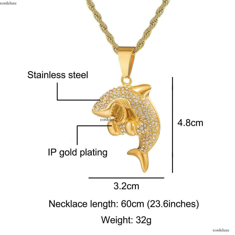 New Fashion Gold Plated Stainless Steel Bling Dia Mens Shark Pendant Chain Necklace personalized Hip Hop Rapper Jewelry Gifts for Men
