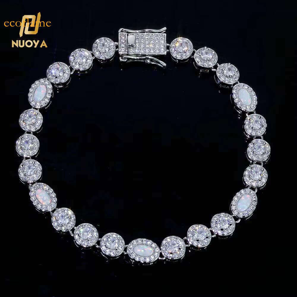 NUOYA 6mm Micro Opal Clear Multi Gemstone Link Chain Brass Bracelet Iced Zircon CZ Jewelry Gift for Women Men