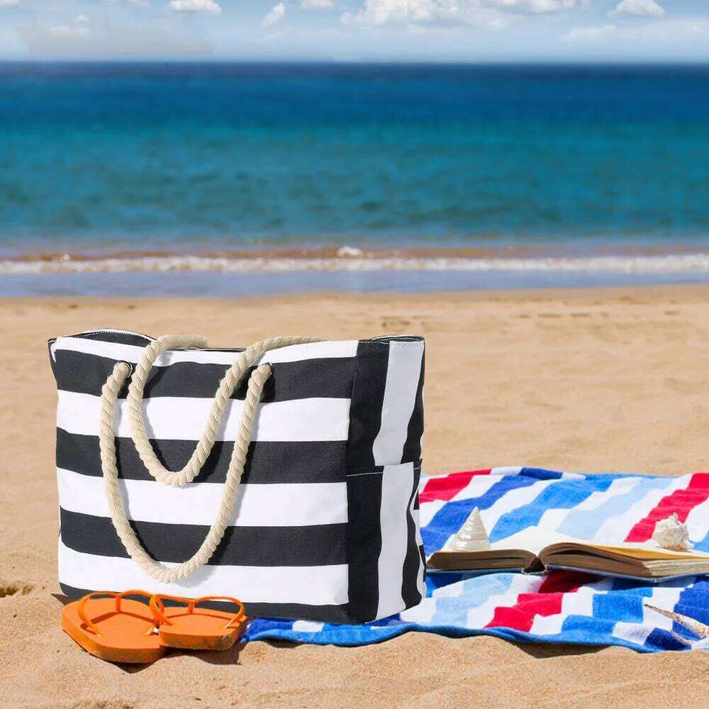 Women Beach Stripe Waterproof Sandproof Shoulder Large Capacity Canvas Tote Travel Overnight Swim Pool Bag