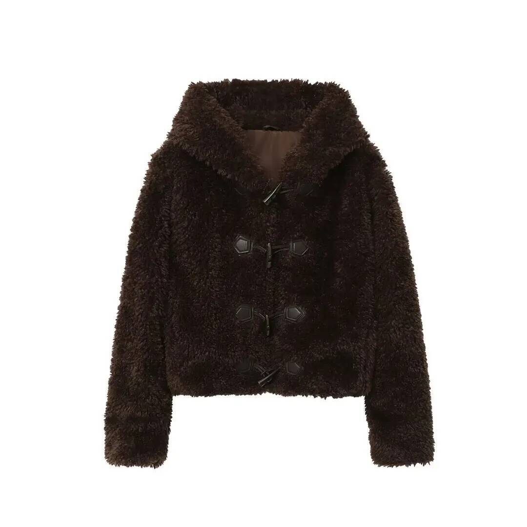 2025 AZRAF Fashion European And American Style Summer New Product Imitation Fur Hoodie Short Horn Button Coat Outerwear Mujer