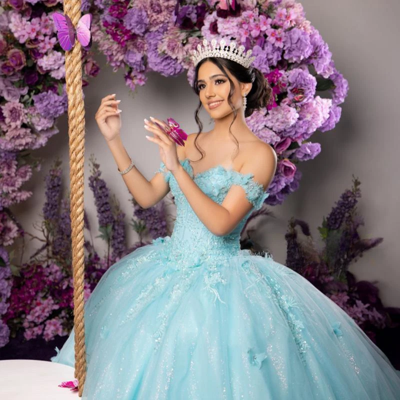 Water Blue Shiny Quinceanera Dresses Ball Gown Off Shoulder Applique Lace Beads Tulle Party Princess Vestidos 15 XV Anos Sweet 16 Dress