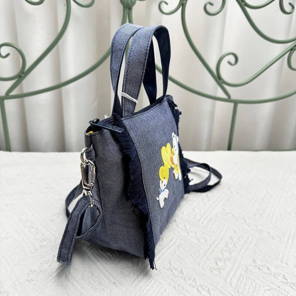 New Women Cute Bear Embroidery Handbag Large Capacity Lightweight Casual Card Ladies Denim Tote Bag 780842