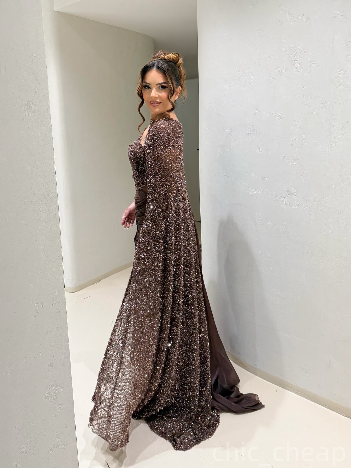 Mermaid Chocolate Prom Dresses 2025 Sequined Chiffon High Split Evening Formal Party Second Birthday Engagement Gowns Plus Size Dress For Special Occa