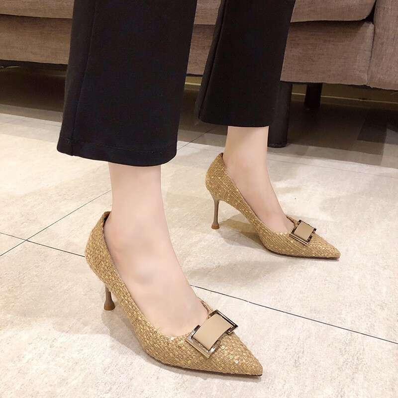 High Heels Women 2020 New Autumn Winter Designer Shoes Fashion Korean Style Sexy Pointed Toe Thin Heel Metal Buckle Professional Work Shoes