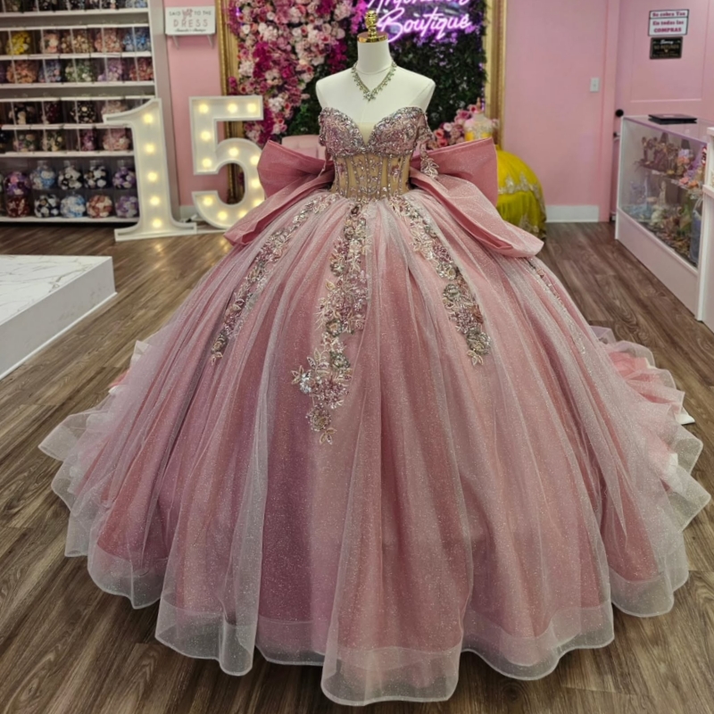 Pink Shiny Quinceanera Dresses Off The Shoulder Sequin Applique Lace Beading Bow Tull Party Birthday Ball Gown Vestidos De 15 Anos Sweet 16 Dress