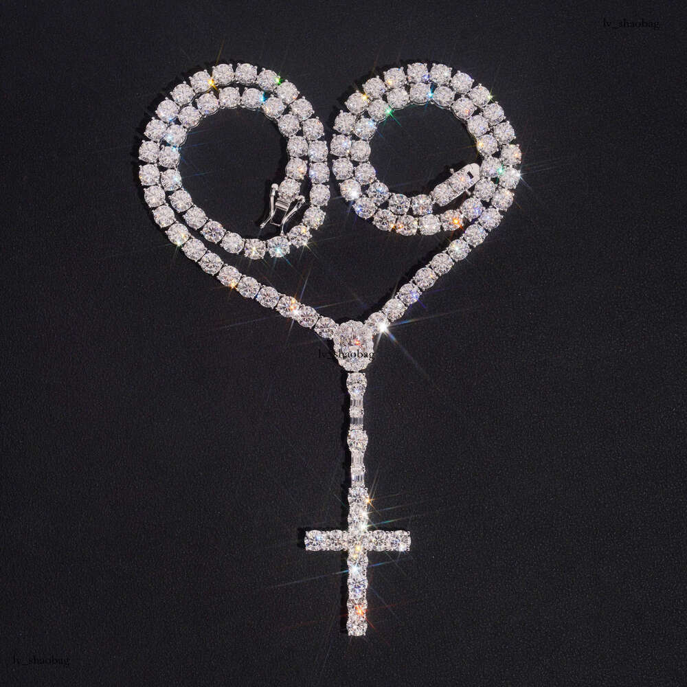 New Sier Full Inlaid Moissanite Tennis Chain Cross Integrated Necklace for Men and Women Jewelry