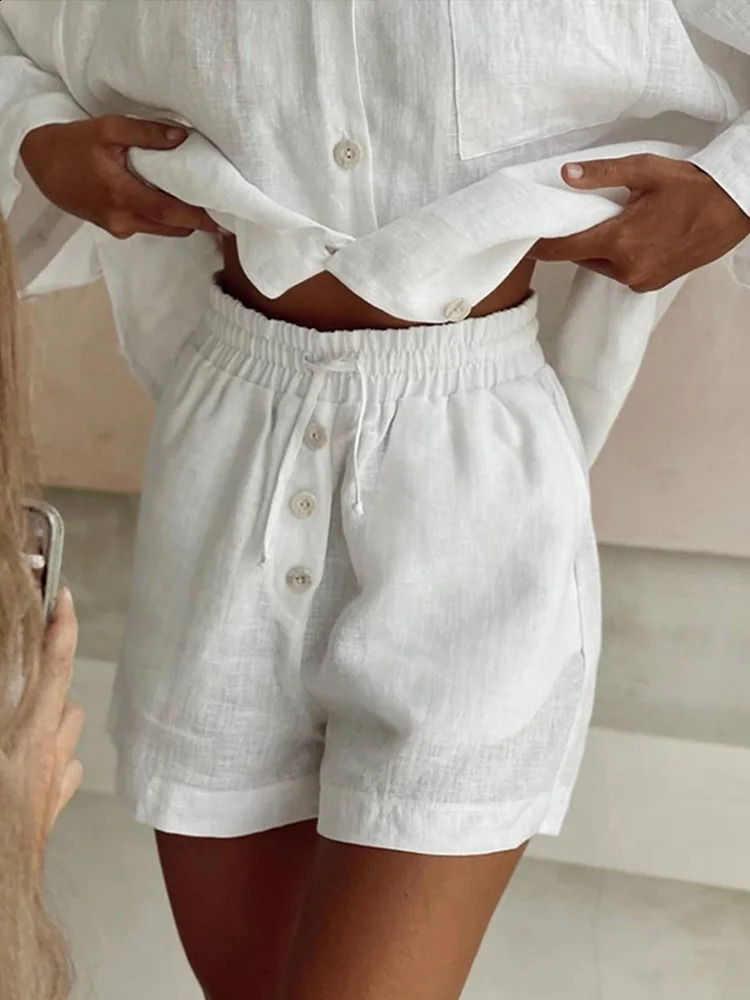 Women Loose Shorts Suit VNeck Long Sleeve Button Solid Casual Lady Sets Summer Fashion 2 Pieces Set Vacation 250809