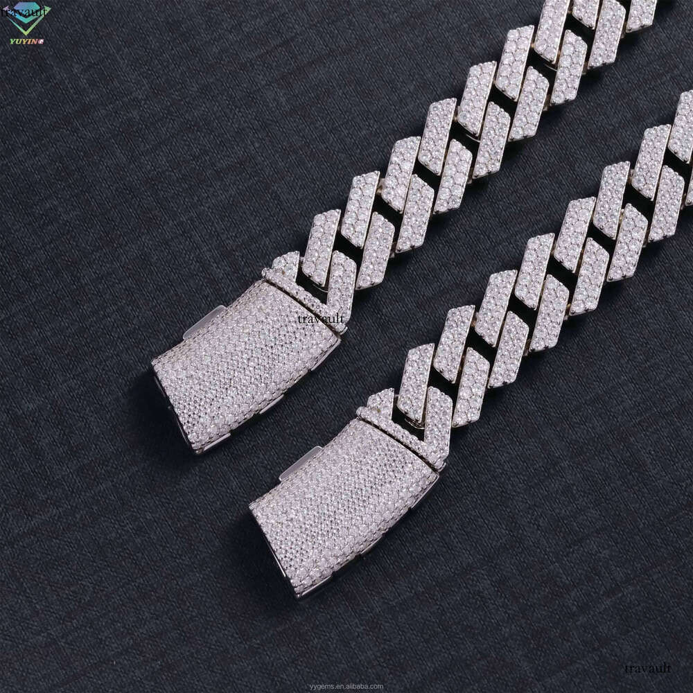 14mm Iced Out Sier 2 Rows White Gold Plated VVS Moissanite Cuban Link Chain Bracelet