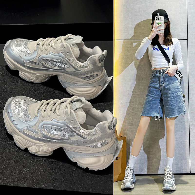 Women's Dad Sports Shoes 2025 New Designer Mesh Thick Bottom Sparkling Breathable Multi functional Casual Sports Shoes