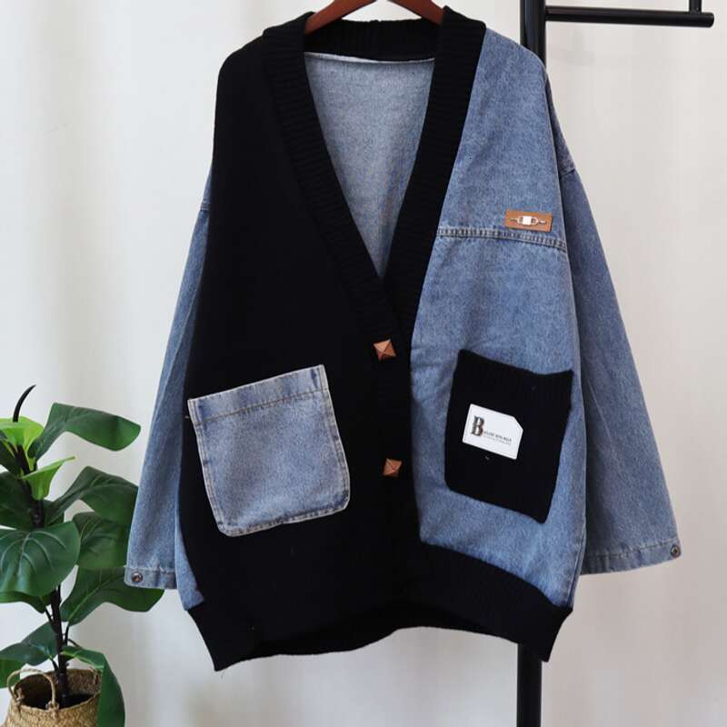Women's Clothing Loose Lazy Style Denim Splicing Design Knitted Cardigan Women's Sweater Jacket