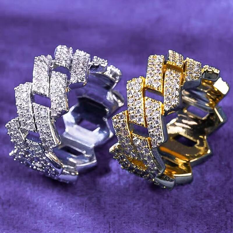 Pass Diamond Tester Hip Hop Bling D Color Moissanite Iced Out Mens 2 Rows Cuban Link Ring With 925 Sterling Silver GRA