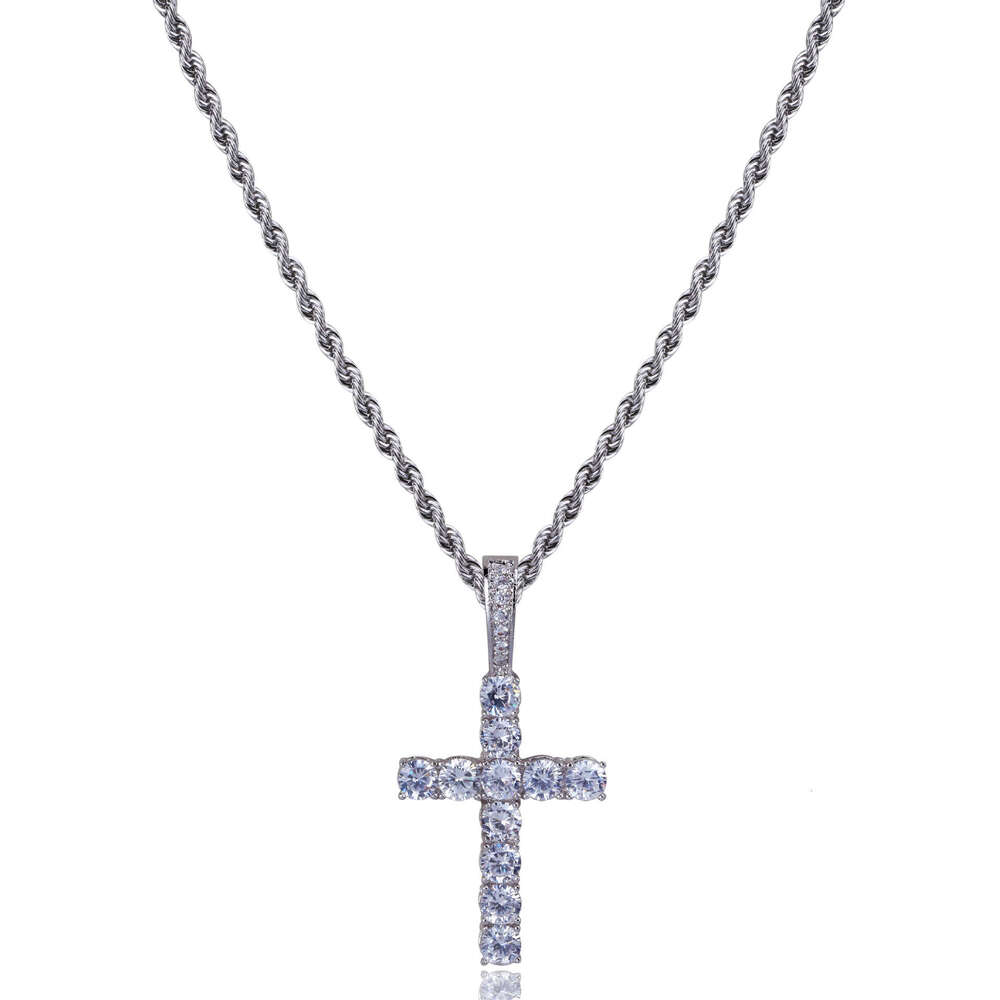 Hip Hop Dia-Encrusted Cross Sterling Silver Pendant for Men, Simple and High-End Twist Chain Necklace