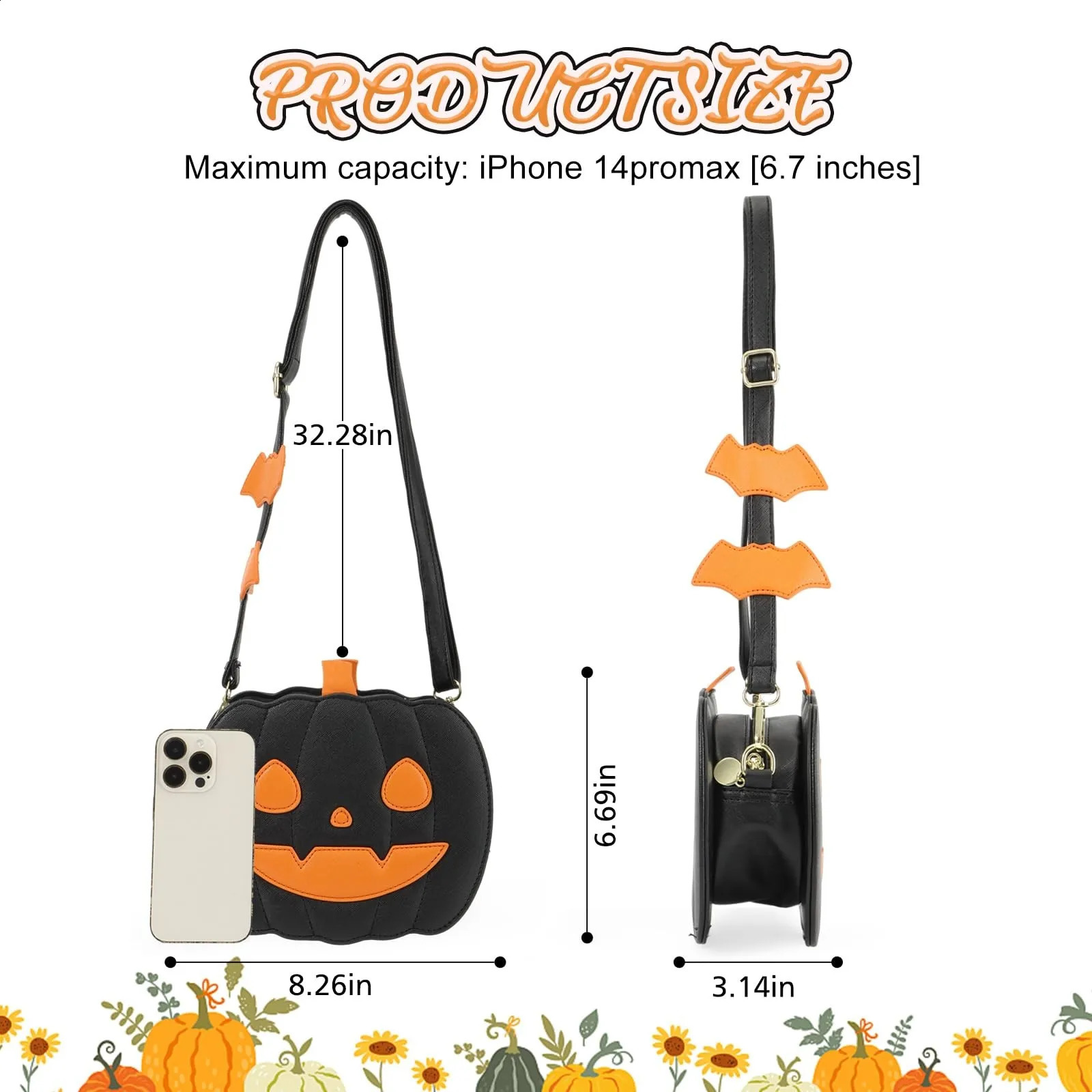 Halloween Funny Pumpkin Bag With Zipper Adjustable Strap Creative Cartoon Shoulder Bag Personalized Pumpkin Bag 250807