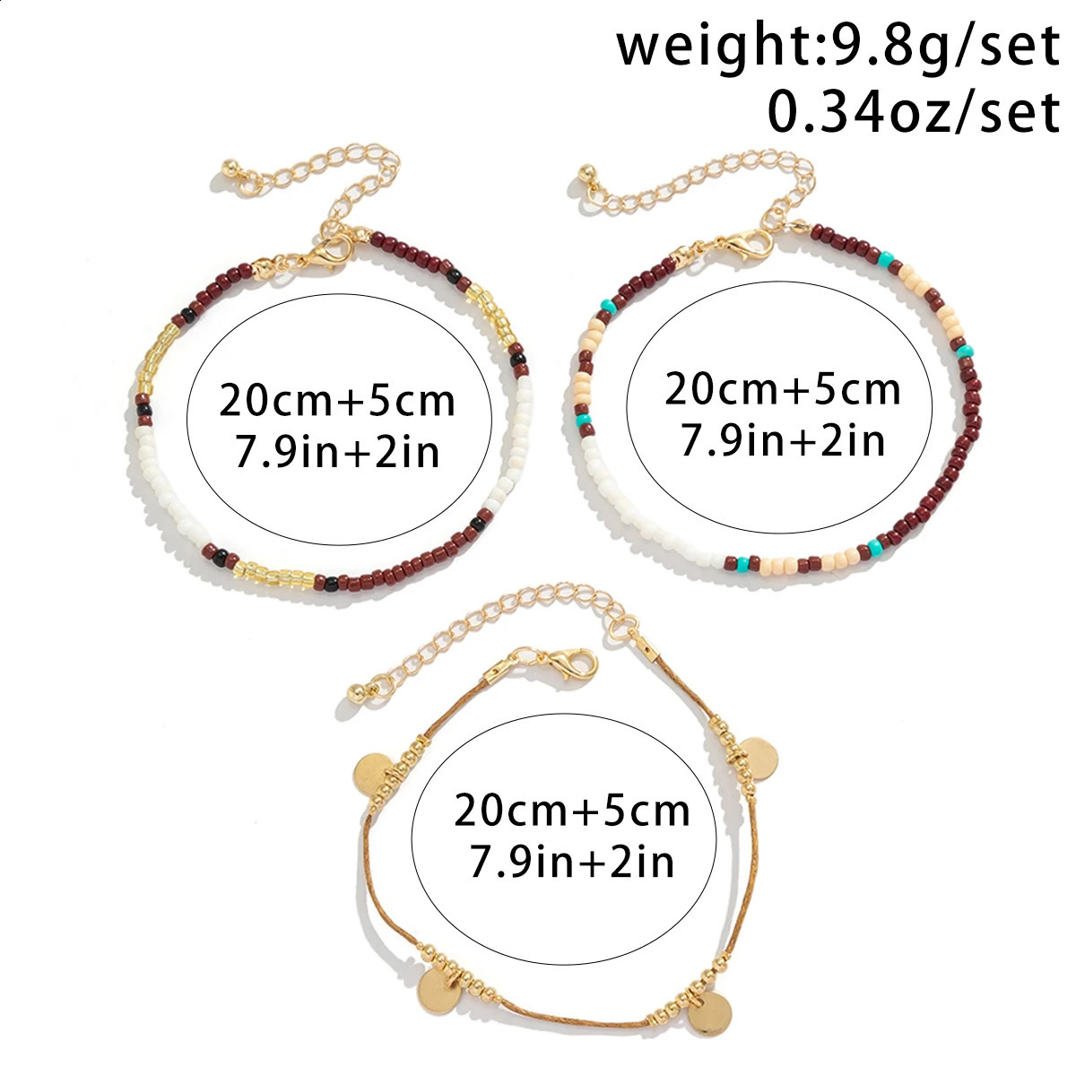 3Pcs/Set Bohemian Rice Beads Anklets for Women Vintage Trend Round Sequin Feet Chain Summer Beach Barefoot Jewelry Accessories 250807