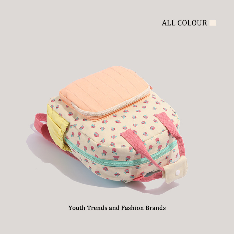 Strawberry Print Women's Canvas Dopamine Color Block Cute Backpack ddmymoon