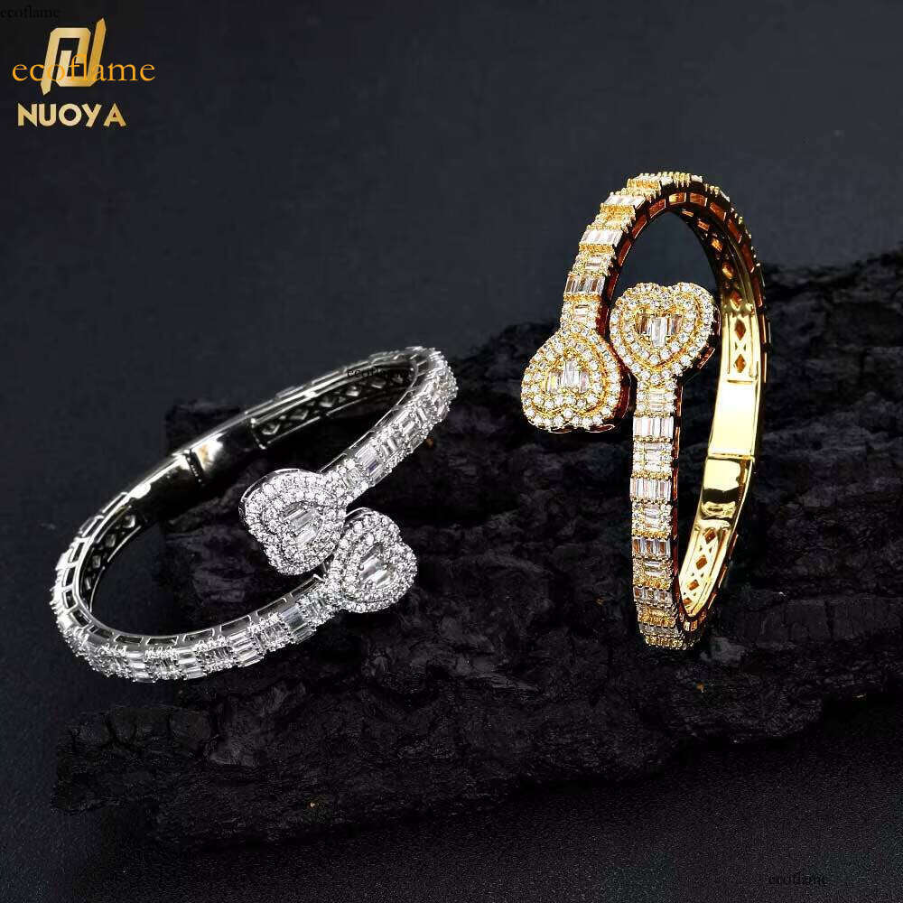 Personality Hip Hop Iced Out Baguette Dia Gold Plated Heart Cuff Bracelet
