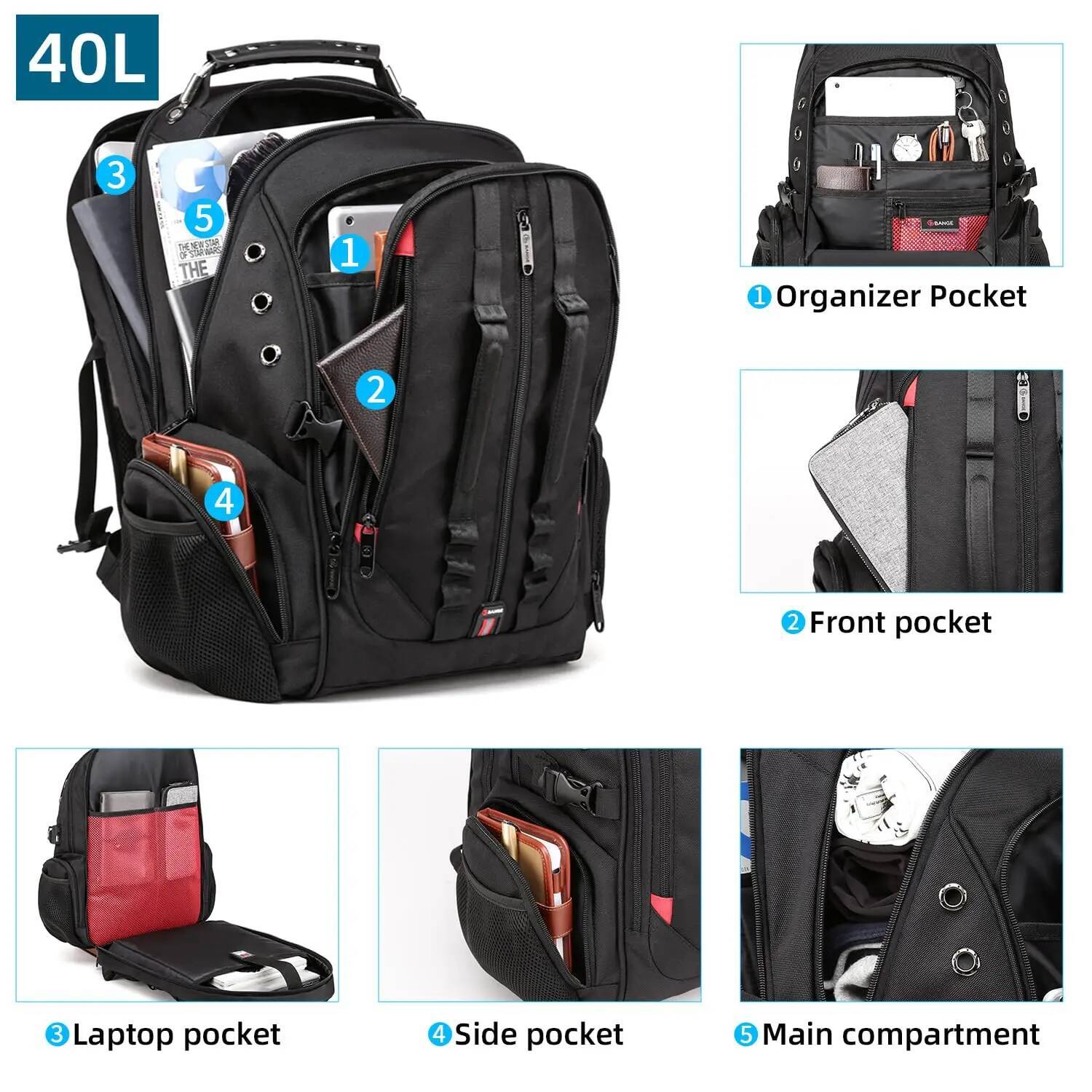 BANGE Large Multi-Function 40L Laptop 17 Inch Durable Travel Backpack School Bag For Teenagers with USB Recharging Port high-quality