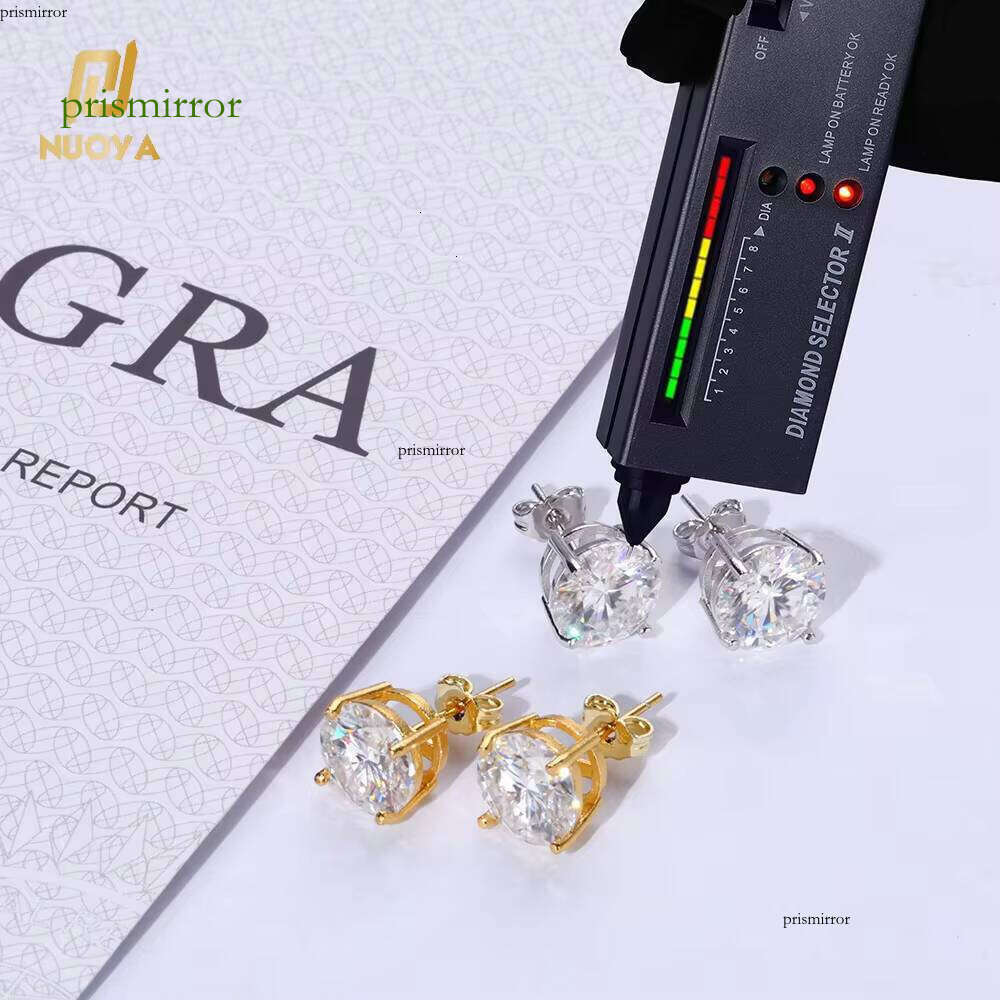 NUOYA VVS Moissanite Stud Earrings Sterling Sier 3-10mm Round Dia White Gold Plated Ear Studs Fine Jewelry Gift