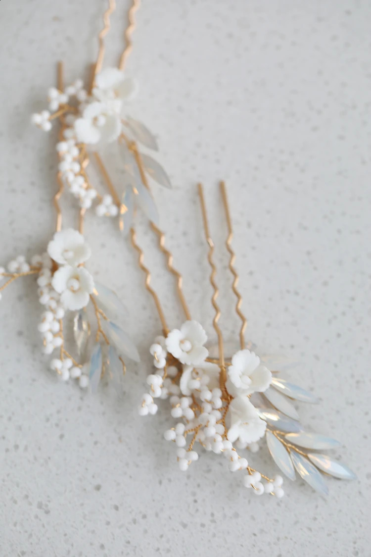 Porcelain Flower Hair Pins Clips Opal Head Pieces Gold Silver Color Hairpins For Brides Women Bridal Jewelry Wedding Accessories 250807