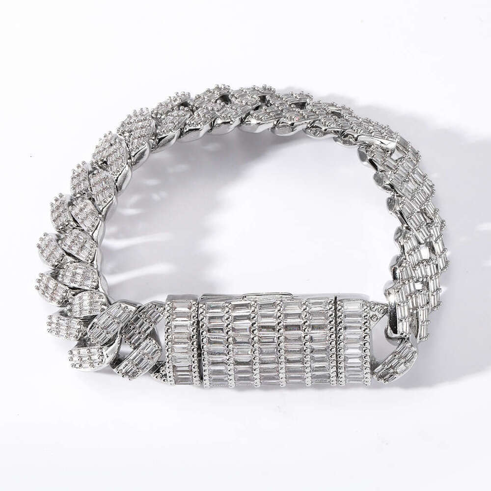 Domineering 17mm Wide Square Zircon Dia Cuban Chain Flip Clasp Men's Bracelet Personality Hip-Hop Jewelry