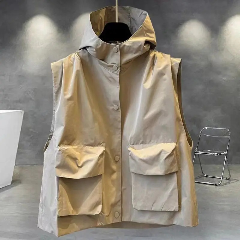 Workwear Cargo Vest Coat Couple Solid Color Hooded Outer Autumn Korean Punk Pocket Jacket Unisex Loose Streetwear 250809