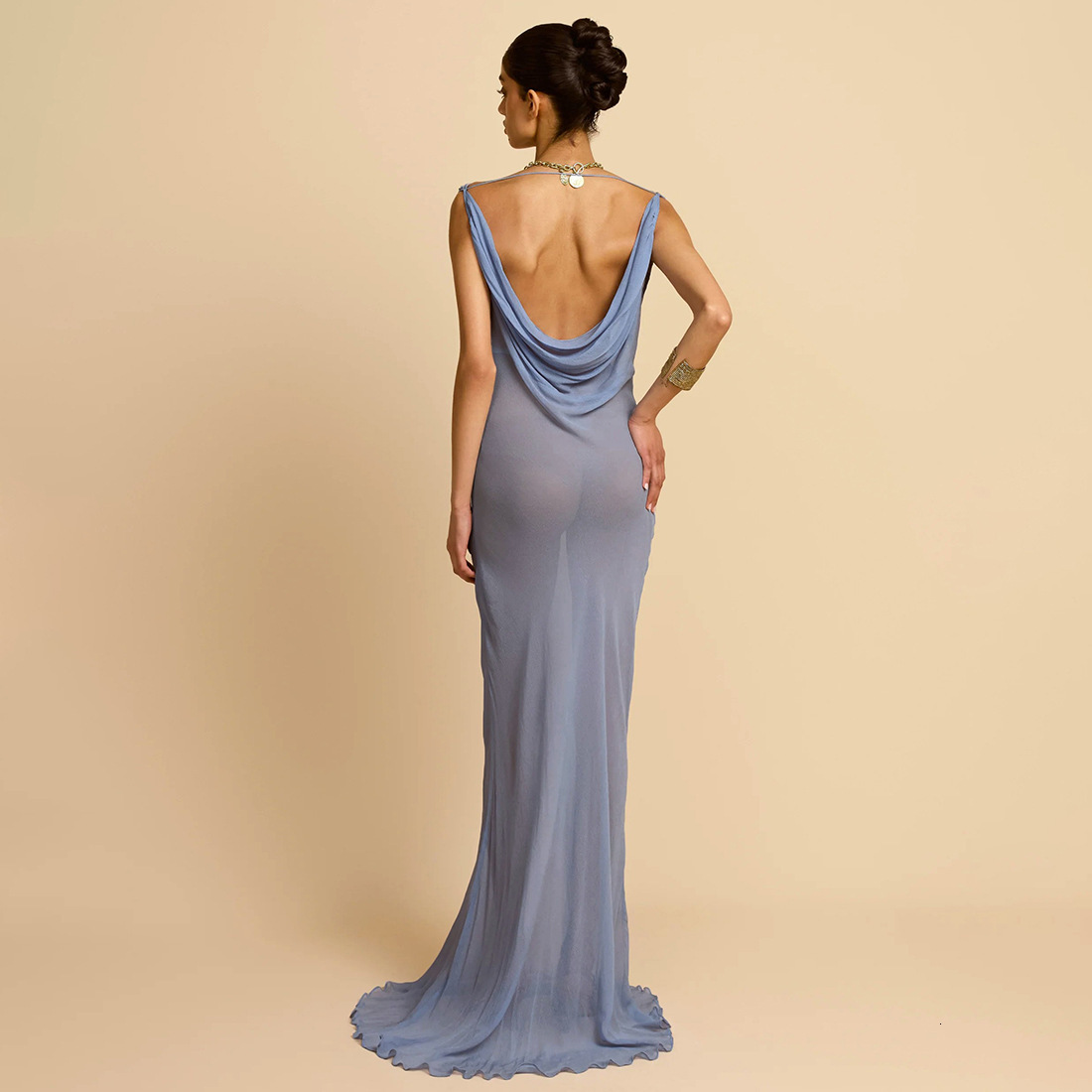2025 Summer New Womens Fashion Sexy Mesh See-through Halter Backless Slim Long Dress