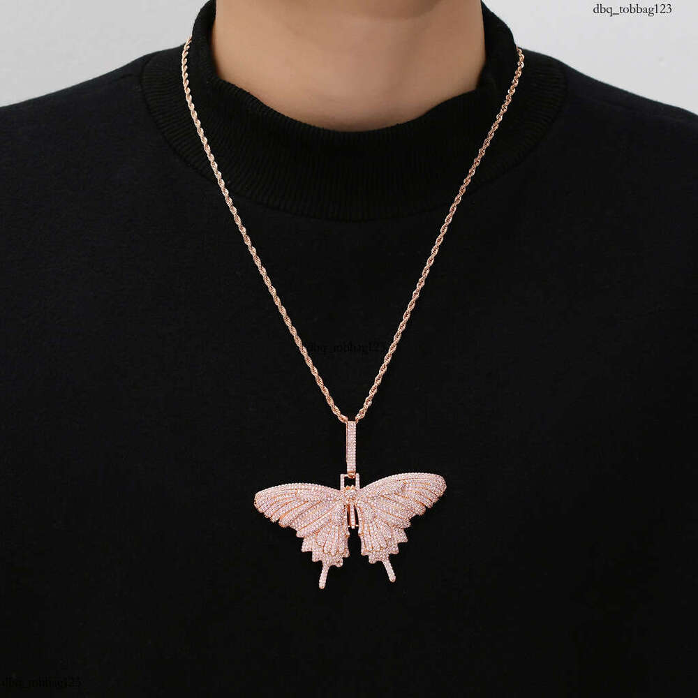 Pink Moissanite chain Pendant Rap Personality Exaggerated Large Butterfly Unisex Hip Hop Necklace