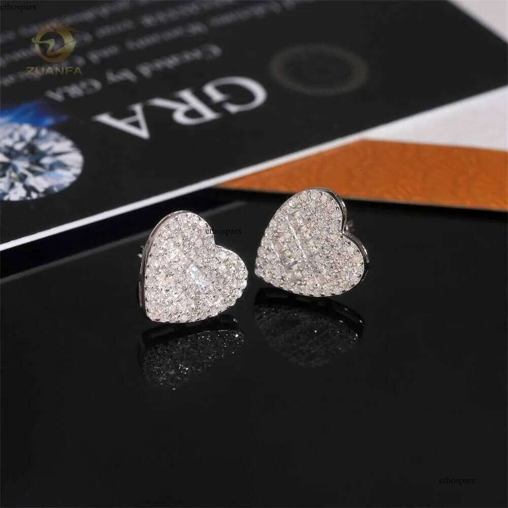 Hot Selling Popular Iced Out Hip Hop Sterling Sier Moissanite Dia Love Heart Stud Earrings