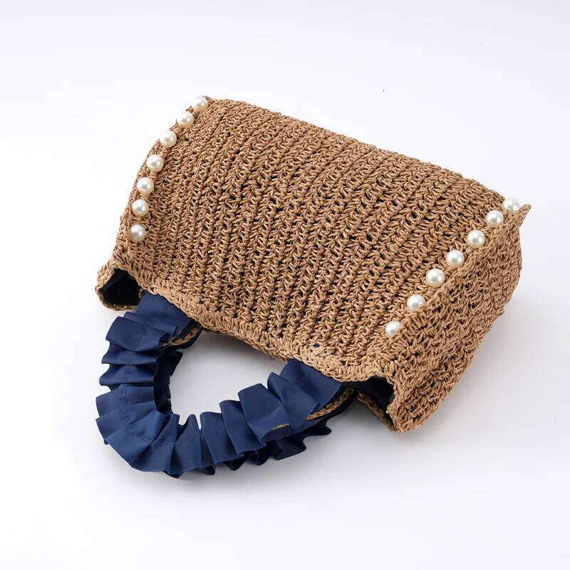 Pearls Straw Bags for Women Bohemian Ruched Handle Handbags Summer Woven Tote Handmade Travel Beach Bag Small Shopper 2024