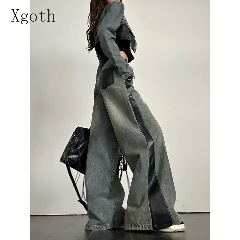 Womens Sets Leather Spliced Denim Turndown Collar Raw Edge JacketWide Leg Jeans Sweet Cool Spicy s Two-Piece Lady Clothing 250808