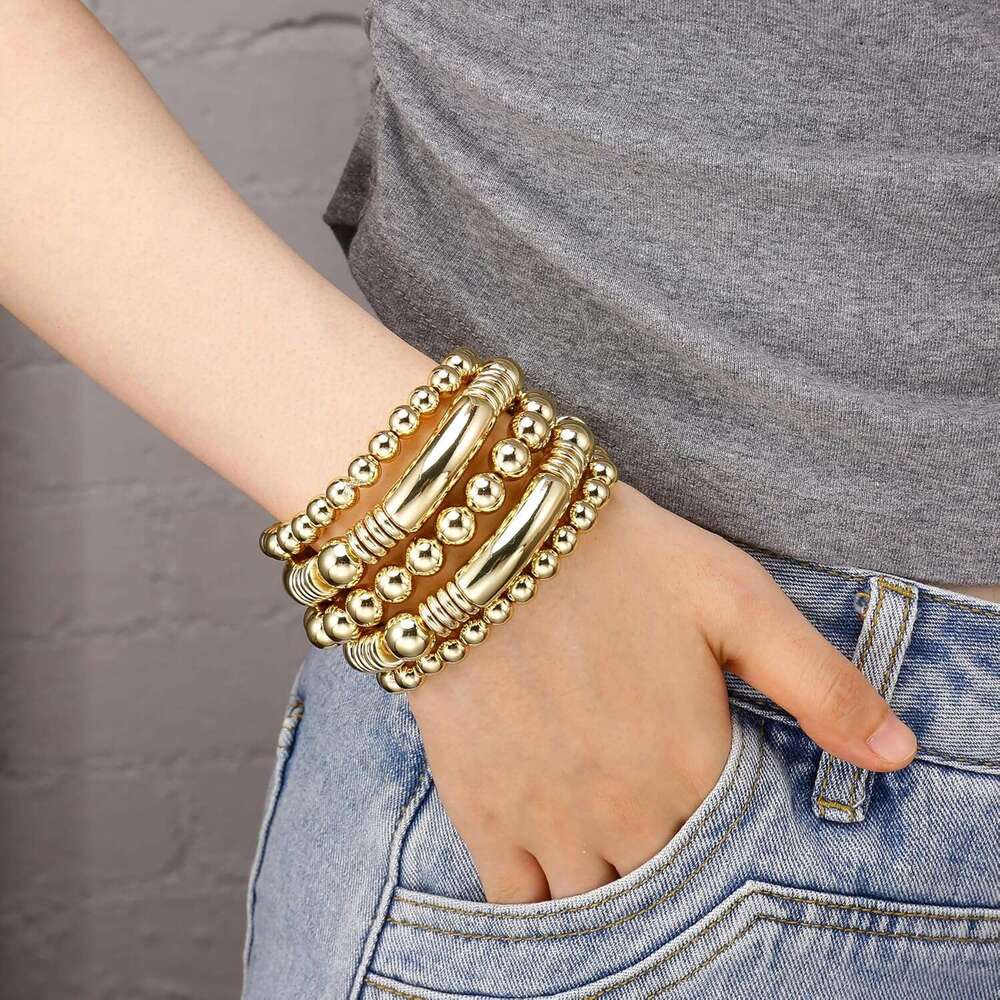 14K Gold Bangles Bracelet for Women Chunky Curved Stacking Plated Bead Ball Stretchable Bracelets