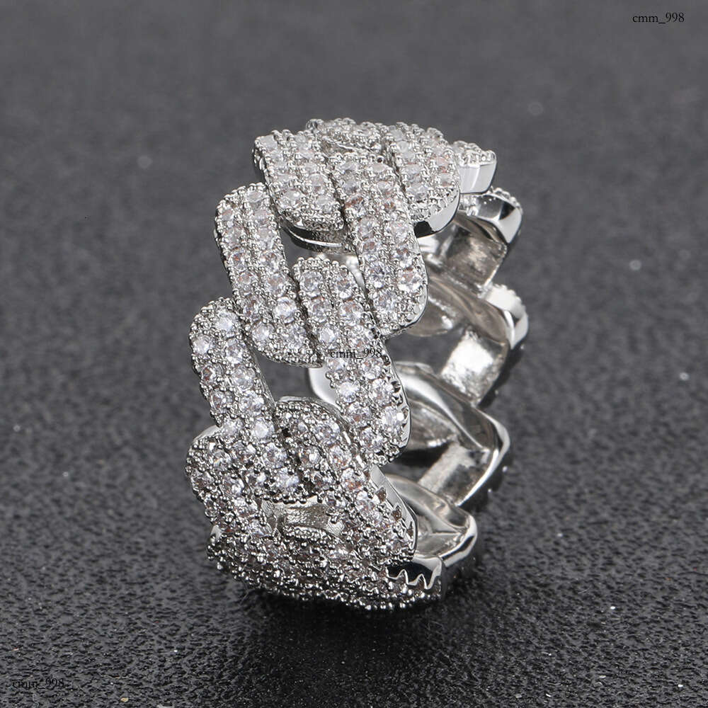 11mm Diamond Cuban Chain Real Gold Plated Micro Inlaid Zircon Trendy Hip Hop Ring Jewelry